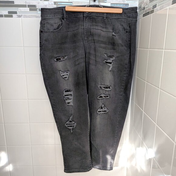 Lane Bryant Black Sequin Inserts Dark Gray Low Rise Girlfriend Distressed Jeans - Picture 2 of 6